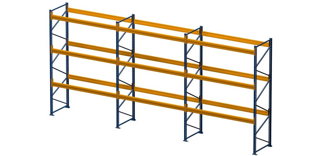 Palettenregal lackiert 3 Felder 3 Ebenen 1050x500 - Palettenregal, Höhe 4500 mm, Tiefe 1100 mm, lackiert