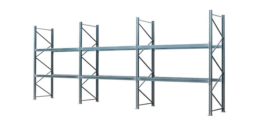Palettenregal verzinkt 3 Felder 2 Ebenen 1050x500 - Palettenregal, Höhe 3500 mm, Tiefe 1100 mm, verzinkt