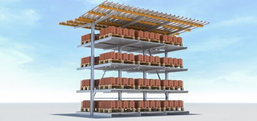 Doppelseitiges Kragarmregal für beidseitig durchgehenden Lagerebenen und geschützte Lagerung